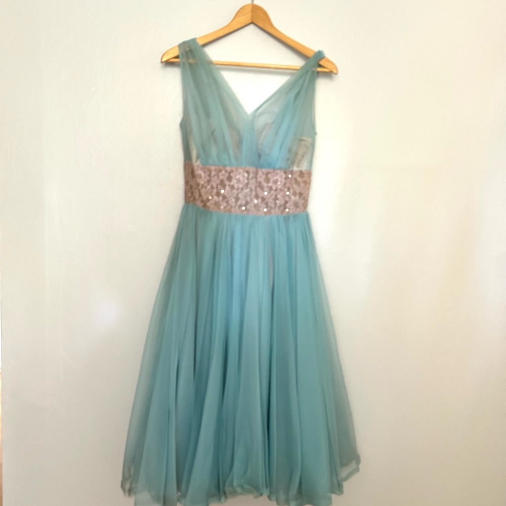 Vintage 1950s Lilli Diamond Blue Cocktail Dress with Lace and Sequin Detail